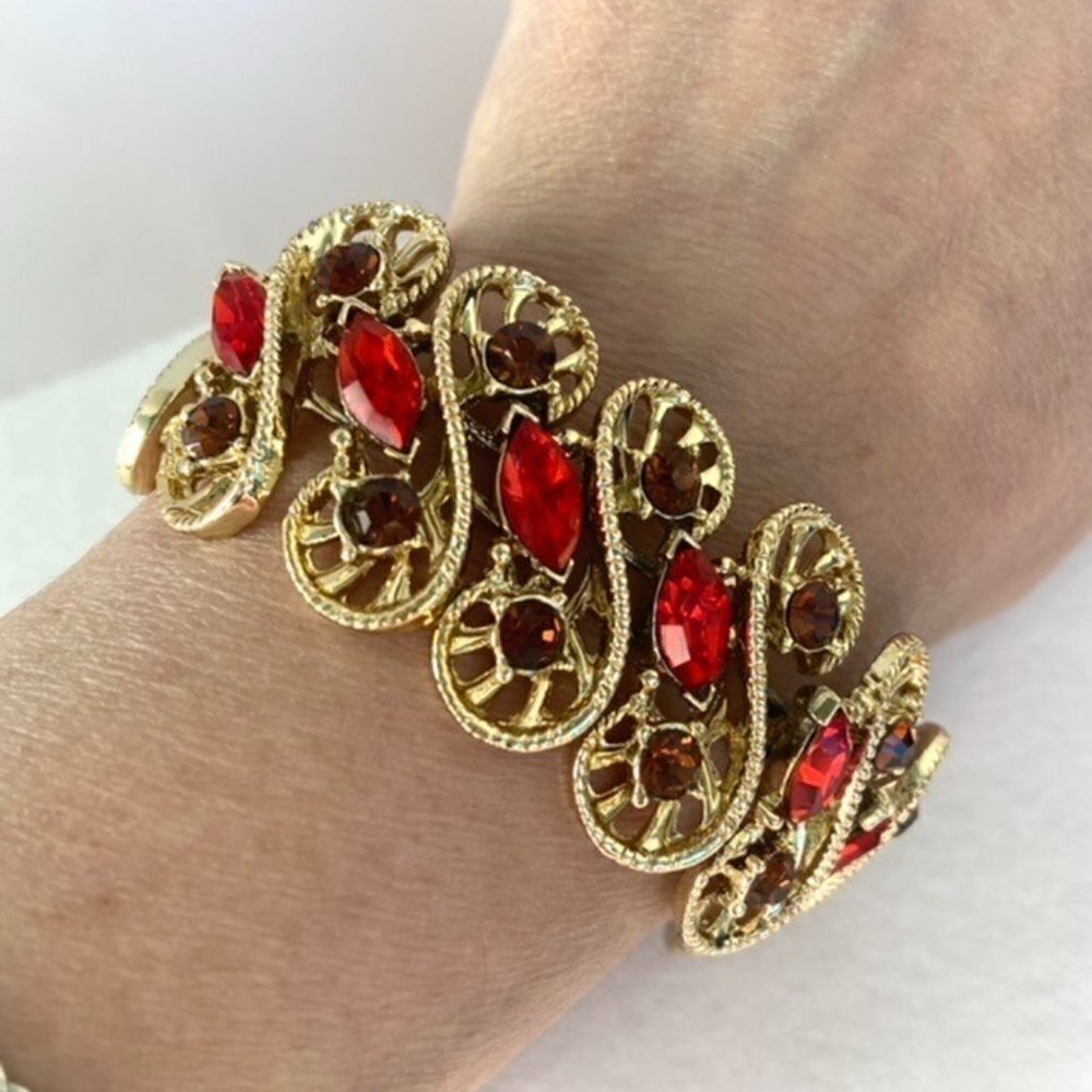 VTG Signed Dodds Gold Plated Red Brown Rhinestone Bracelet 7.25"